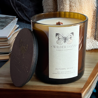 Hand-poured soy candle with X wood wick by Wilder Days Candle Company in Chicago